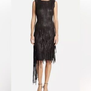 Elie Tahari Milan Black Leather fringe dress NWT